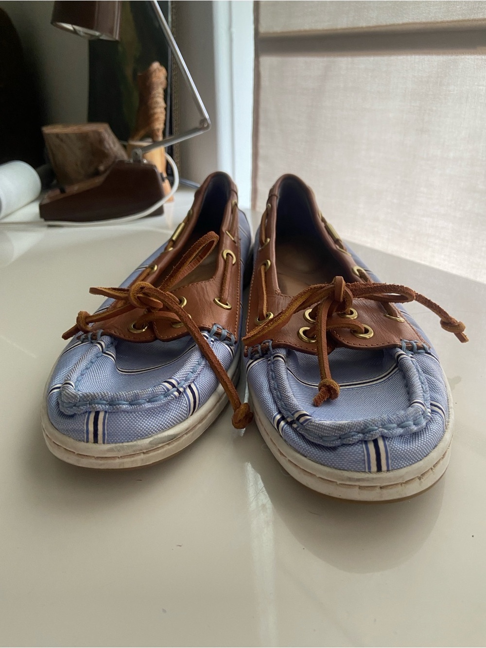 Coach Richelle Boat Shoes Canvas Nautical Blue Striped Tan Leather size 8.5 - Picture 7 of 9